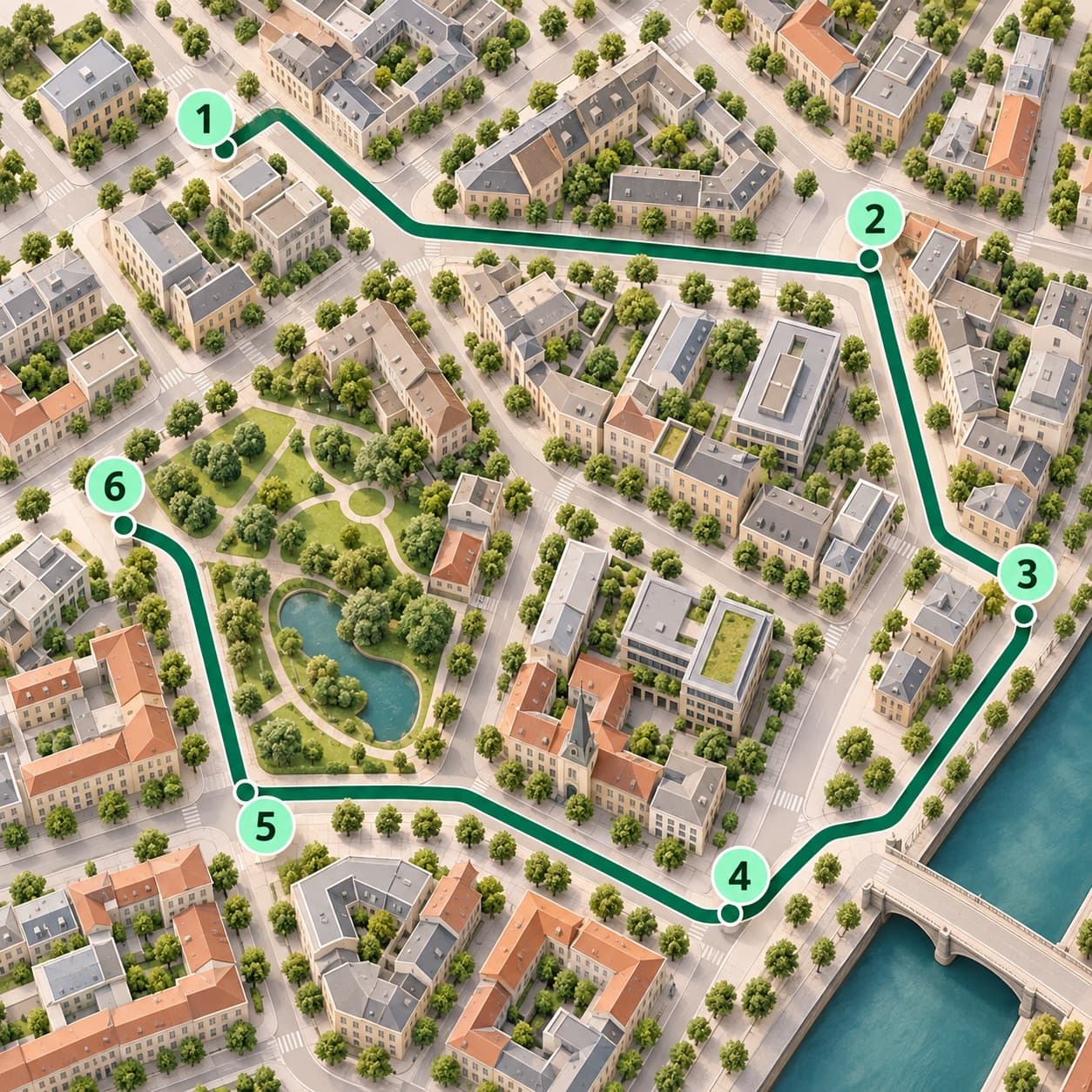 Illustrative route linking six numbered customer visits across a neighborhood
