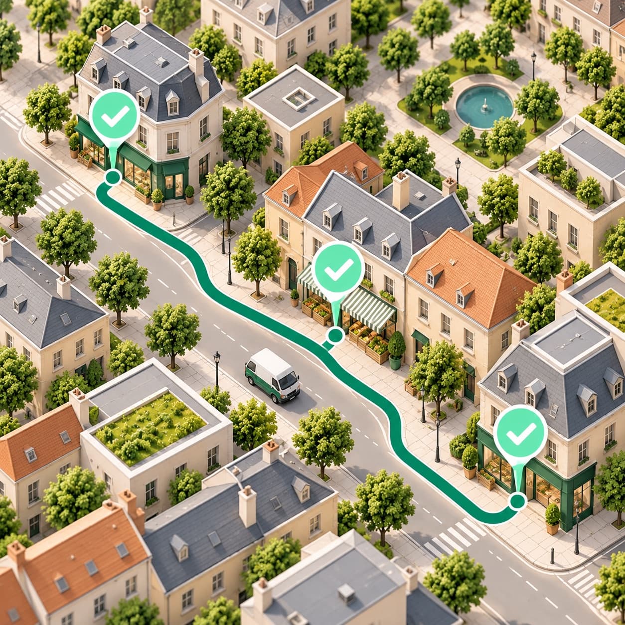 Illustrative route passing three customer locations with completed visit markers